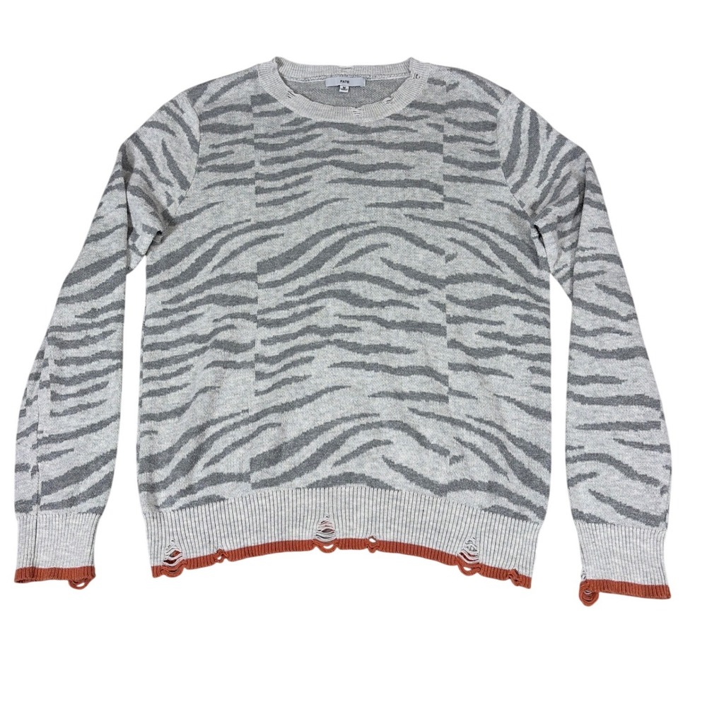Fate Womens Zebra Print Distressed Cotton Knit Sweater Grey Orange FWM2932‎ M